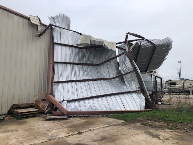 The Central Power Systems and Services building in Hutto, Texas, sustains wind damage on March 15, 2024. (KXAN Photo/Ed Zavala)