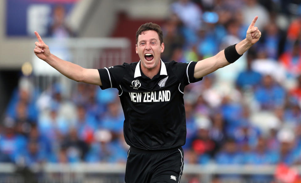 New Zealand's Matt Henry celebrates taking the wicket of India's Dinesh Karthik during the ICC World Cup, Semi Final at Old Trafford, Manchester. (Photo by David Davies/PA Images via Getty Images)