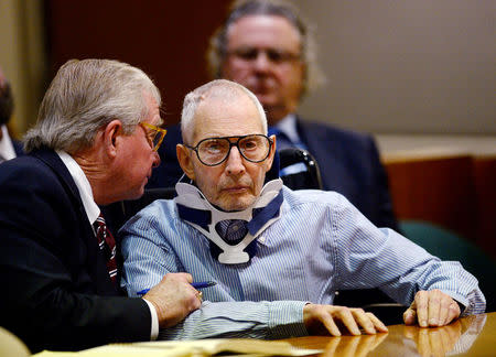 Robert Durst in a wheelchair listens to one of his lawyers Dick DeGuerin (L) during his arraignment on capital murder charges in the death of Susan Berman, in Los Angeles, California, U.S. November 7, 2016. REUTERS/Kevork Djansezian