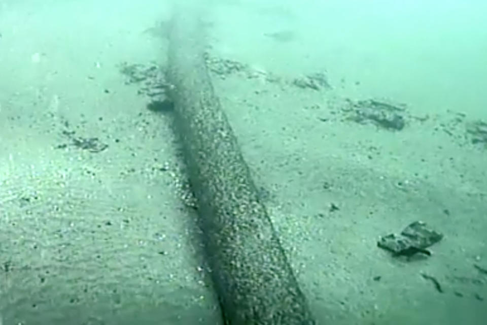 FILE - This still image from video taken Oct. 4, 2021, and provided by the U.S. Coast Guard shows an underwater pipeline that spilled tens of thousands of gallons of oil off the coast of Orange County, Calif. The Pipeline and Hazardous Materials Safety Administration is proposing a nearly $3.4 million fine for Amplify Energy Corp over the oil pipeline spill that fouled Southern California beaches. (U.S. Coast Guard via AP, File)