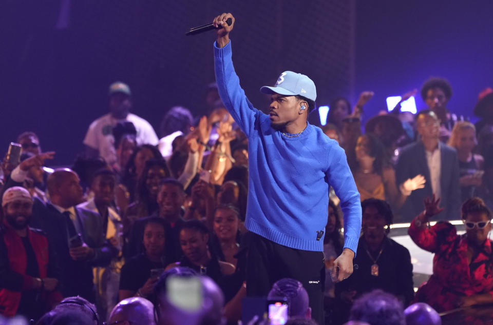 FILE - Chance the Rapper performs at the BET Awards on June 26, 2022, at the Microsoft Theater in Los Angeles. The Grammy winner along with rapper Vic Mensa will host the inaugural Black Line Star festival in Accra, Ghana, in January 2023. The weeklong festival will feature events, panel discussions and performances on Jan. 6, from Chance, Mensa, Erykah Badu, T-Pain, Jeremih, Sarkodie and Tobe Nwigwe. (AP Photo/Chris Pizzello, File)