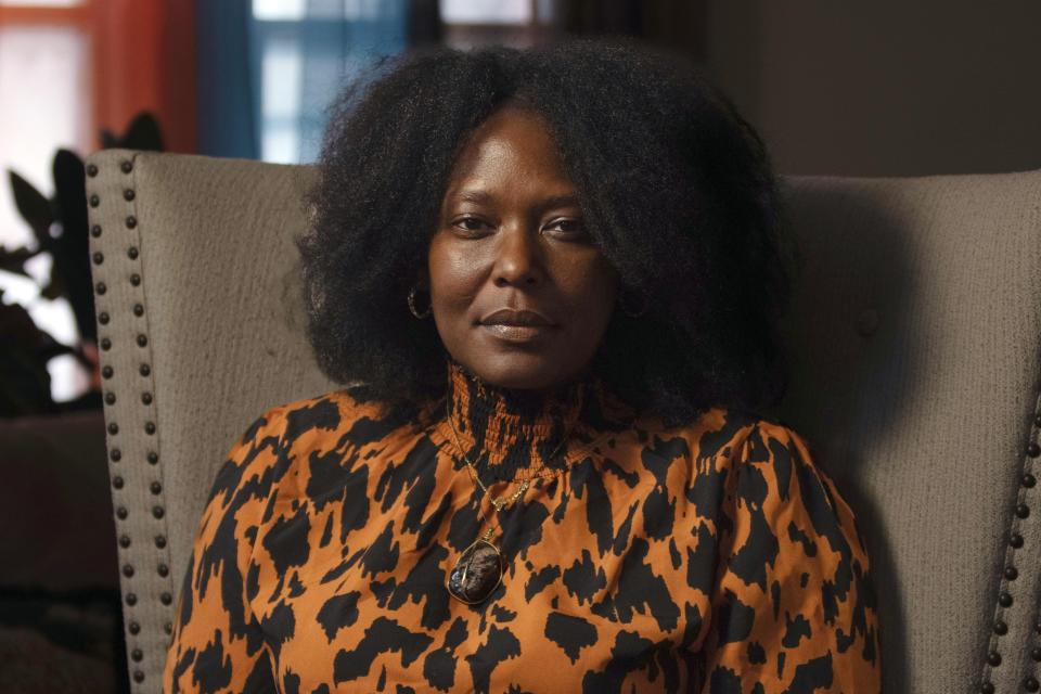 FILE — Zeneta Everhart poses for a portrait in her home in Buffalo, N.Y., Jan. 27, 2023. Everhart, one of two Black women in Buffalo who were thrust into the national spotlight for very different reasons, are competing in a Democratic primary contest Tuesday, June 27, 2023, for a Buffalo city council seat. (AP Photo/Robert Bumsted, File)