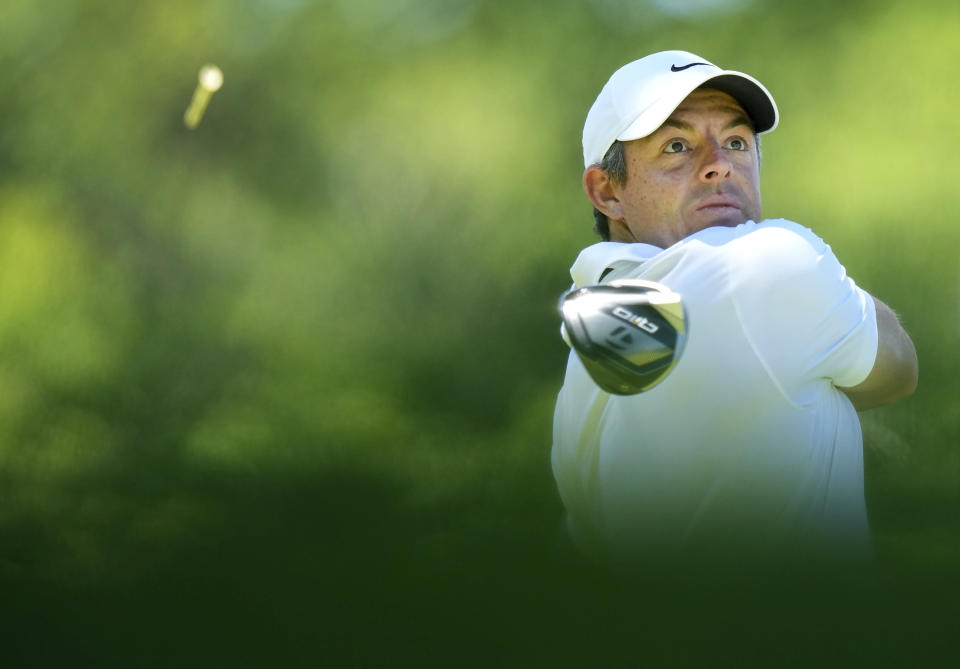 Rory McIlroy hit this tee shot on the fourth hole during the second round of the Canadian Open golf tournament in Hamilton, Ontario, Friday May 31, 2024. (Nathan Denette/The Canadian Press via AP)