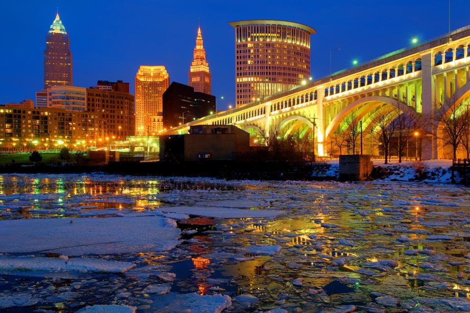 Cleveland's downtown skyline on a winter night