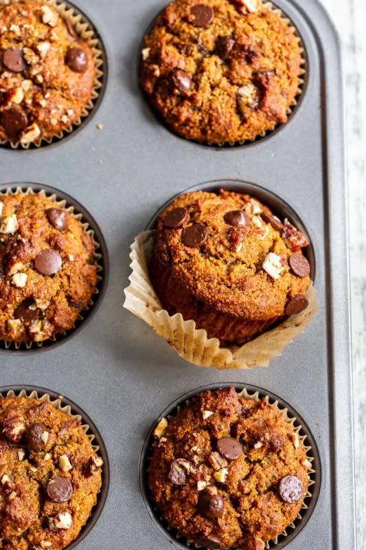 <p>Paleo Running Momma</p><p>These paleo banana-pumpkin muffins with chocolate chips are easy to throw together and have the perfect moist tender texture and plenty of cinnamon and pumpkin spice! </p><p><strong>Get the recipe: <em><a href="https://www.paleorunningmomma.com/paleo-banana-pumpkin-muffins-with-chocolate-chips/" rel="nofollow noopener" target="_blank" data-ylk="slk:Paleo Banana-Pumpkin Muffins with Chocolate Chips;elm:context_link;itc:0;sec:content-canvas" class="link ">Paleo Banana-Pumpkin Muffins with Chocolate Chips</a></em></strong></p>