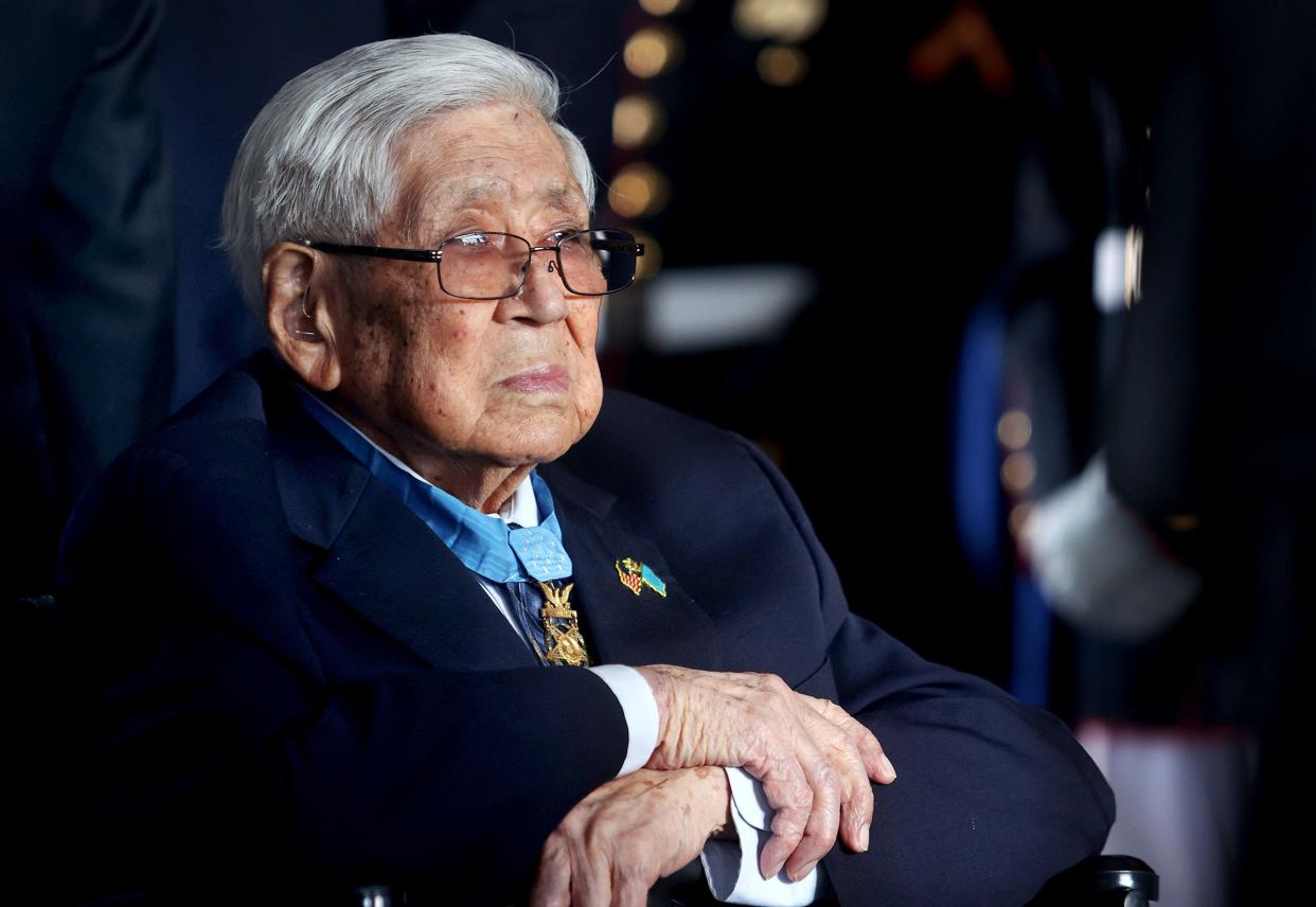 Medal of Honor recipient Hiroshi Miyamura, a corporal in the U.S. Army during the Korean War, attends the groundbreaking ceremony for the National Medal of Honor Museum on March 25, 2022, in Arlington, Texas. Hiroshi "Hershey" Miyamura, the son of Japanese immigrants has died. The Congressional Medal of Honor Society announced that Miyamura died Tuesday, Nov. 29, 2022, at his home in Phoenix. He was 97. 