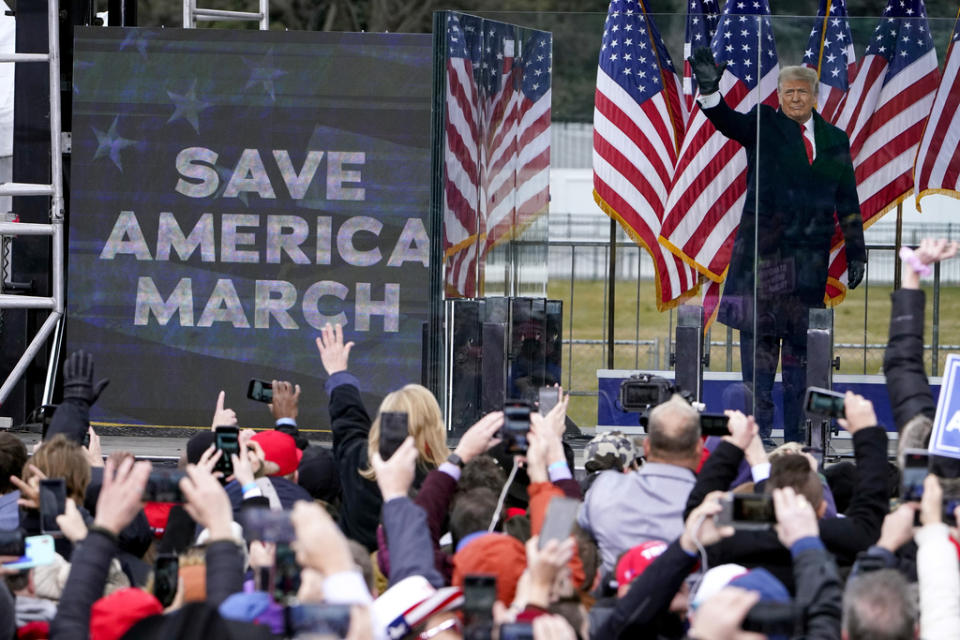 FILE – President Donald Trump arrives to speak at a rally in Washington, on Jan. 6, 2021. The Supreme Court will hear arguments over whether Trump is immune from prosecution in a case charging him with plotting to overturn the results of the 2020 presidential election. (AP Photo/Jacquelyn Martin, File)