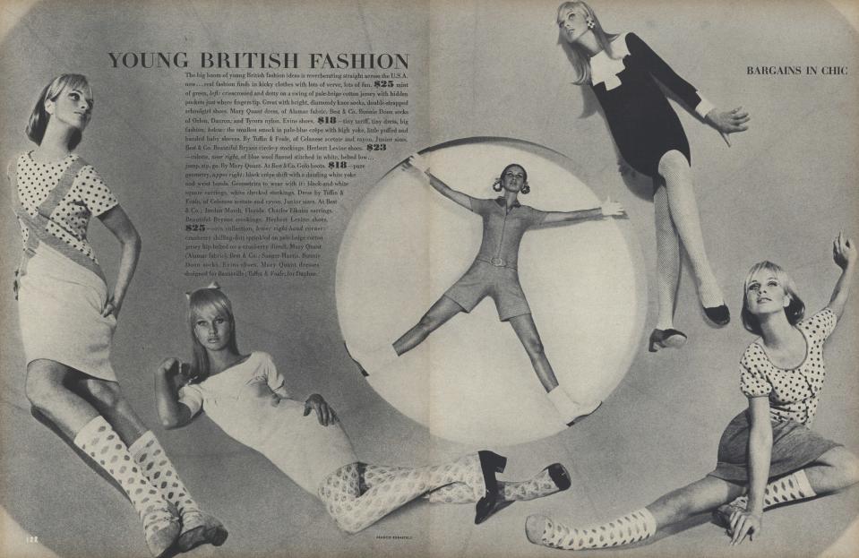 YOUNG BRITISH FASHION: BARGAINS IN CHIC
The big boom of young British fashion ideas is reverberating straight across the U.S.A. now...real fashion finds in kicky clothes with lots of verve, lots of fun. Left: Mary Quant dress. Below:  Dress by Tuffin & Foale. Culotte, near right, by Mary Quant. Upper right: Shift by Tuffin & Foale. Lower right-hand corner: Cotton jersey hip-belted on a cranberry dirndl. Mary Quant. Mary Quant dresses designed for Barnsville; Tuffin & Foale, for Daphne.