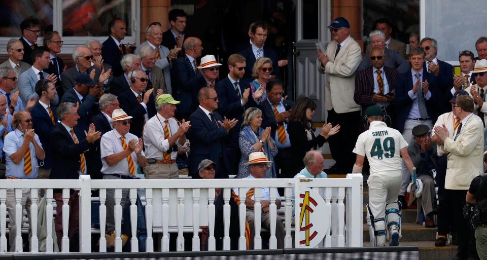 Australia's Steve Smith walks back to the pavilion after losing his wicket for 92 runs during play on the fourth day of the second Ashes cricket Test match between England and Australia at Lord's Cricket Ground in London on August 17, 2019. (Photo by Adrian DENNIS / AFP) / RESTRICTED TO EDITORIAL USE. NO ASSOCIATION WITH DIRECT COMPETITOR OF SPONSOR, PARTNER, OR SUPPLIER OF THE ECB        (Photo credit should read ADRIAN DENNIS/AFP/Getty Images)