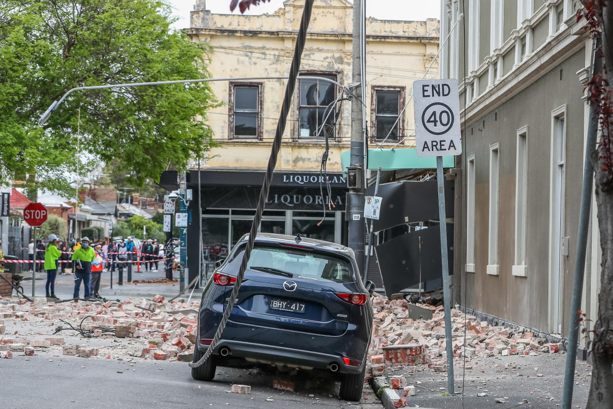 MELBOURNE, AUSTRALIA - SEPTEMBER 22: Damaged buildings along Chapel Street are seen following an earthquake on September 22, 2021 in Melbourne, Australia. A magnitude 6.0 earthquake has been felt across south-east Australia. The epicentre of the quake was near Mansfield, Victoria with tremors felt as far away as Canberra, Sydney and Tasmania. (Photo by Asanka Ratnayake/Getty Images)