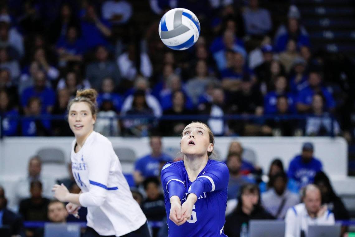 Kentucky’s Eleanor Beavin bumps a ball during the Wildcats’ win Thursday night against Loyola (Chicago) in Memorial Coliseum. On Friday night, UK defeated Western Kentucky to advance to the NCAA Sweet 16.