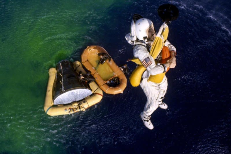 Astronaut Frank Borman, command pilot of the 14-day Gemini-7 spaceflight, is hoisted from the water by a recovery helicopter from the aircraft carrier USS Wasp. Gemini-7 splashed down in the western Atlantic recovery area at 9:05 a.m. EST on Dec. 18, 1965, to conclude the record-breaking mission in space. Photo courtesy of NASA