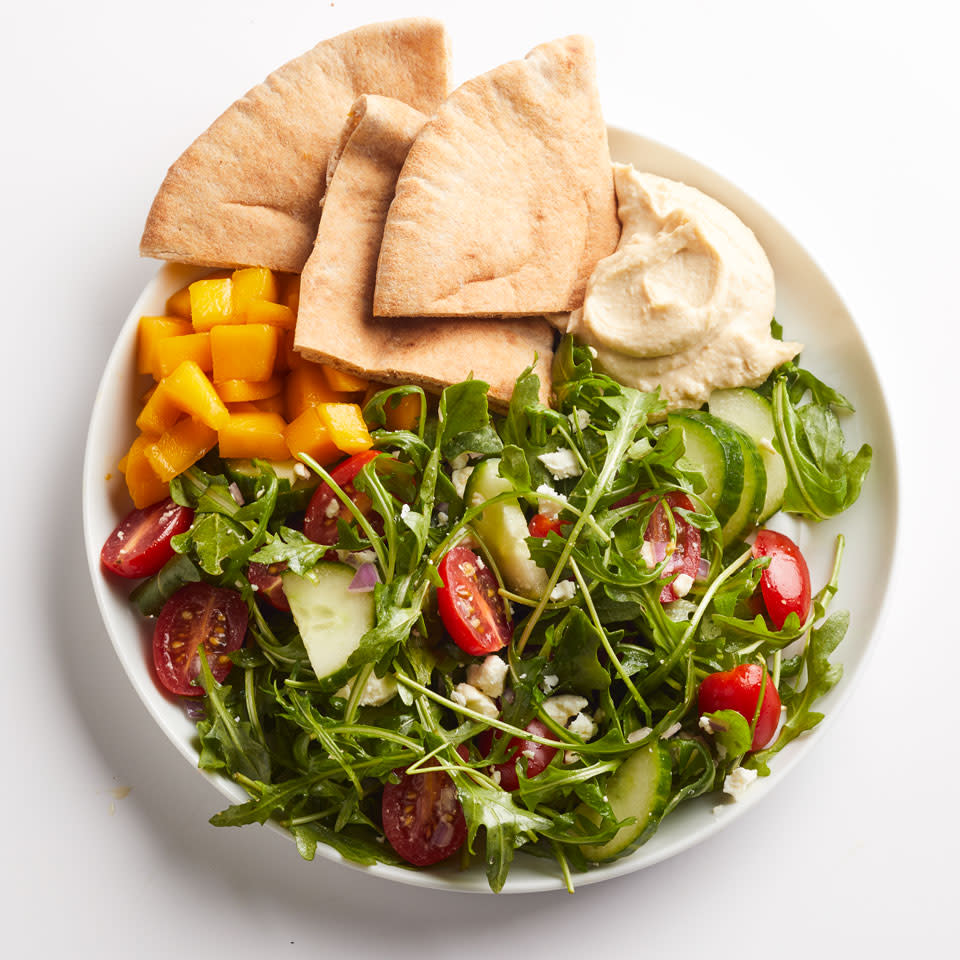 Cucumber, Tomato & Arugula Salad with Hummus