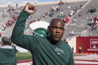Michigan State head coach Mel Tucker reacts as he leaves the field following an NCAA college football game against Indiana, Saturday, Oct. 16, 2021, in Bloomington, Ind. Michigan State won 20-15. (AP Photo/Darron Cummings)