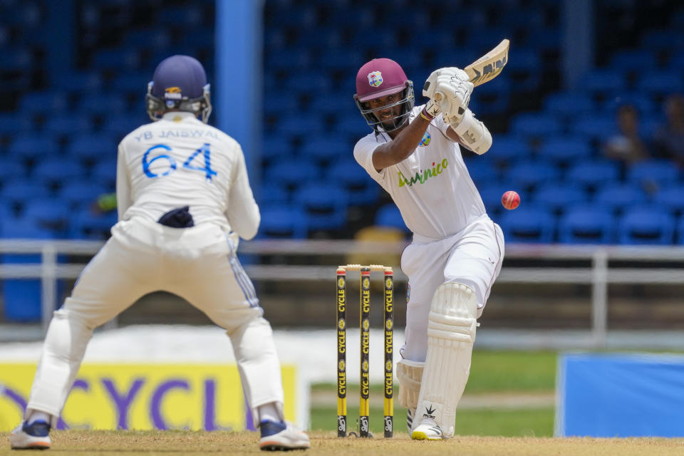 West Indies' capitan Kraigg Brathwaite plays a shot against India on day three of their second cricket Test match at Queen's Park in Port of Spain, Trinidad and Tobago, Saturday, July 22, 2023. (AP Photo/Ricardo Mazalan)