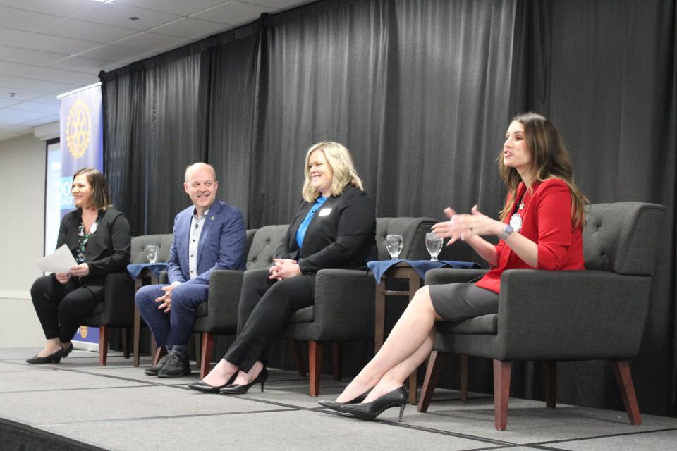 Brienne Maner (left), President at Startup Sioux Falls, moderates a conversation at a Downtown Sioux Falls Rotary meeting between Vernon Brown (second from left), Associate Vice President for External Affairs at SDSU; Ashley Podhradsky, Vice President for Research & Economic Development at DSU; and, Alissa Matt (right), Assistant Vice President for External Relations at USD, on Monday, April 15, 2024.