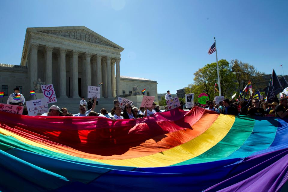 Demonstrators in favor of same-sex marriage rallied in 2015 outside the Supreme Court, which later established that right. The potential overturning of Roe v. Wade, which established a right to abortion, could open the door to challenges to same-sex marriage and other rights, legal experts and LGBTQ activists say.