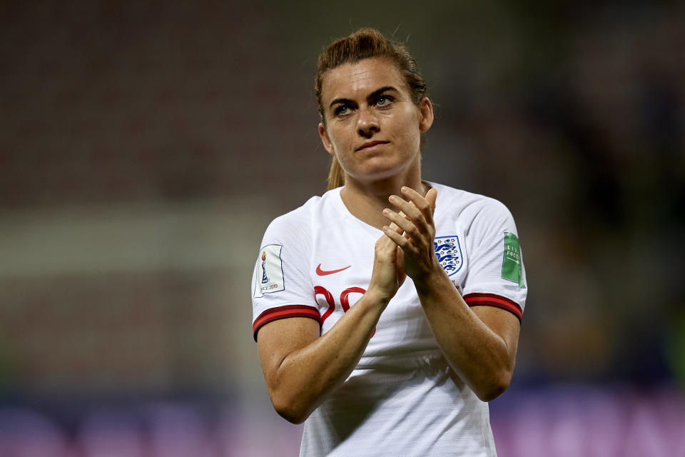 Karen Carney (Chelsea Fcw) of England celebrates victory after  2019 FIFA Women's World Cup France group D match between Japan and England at Stade de Nice on June 19, 2019 in Nice, France. (Photo by Jose Breton/NurPhoto via Getty Images)