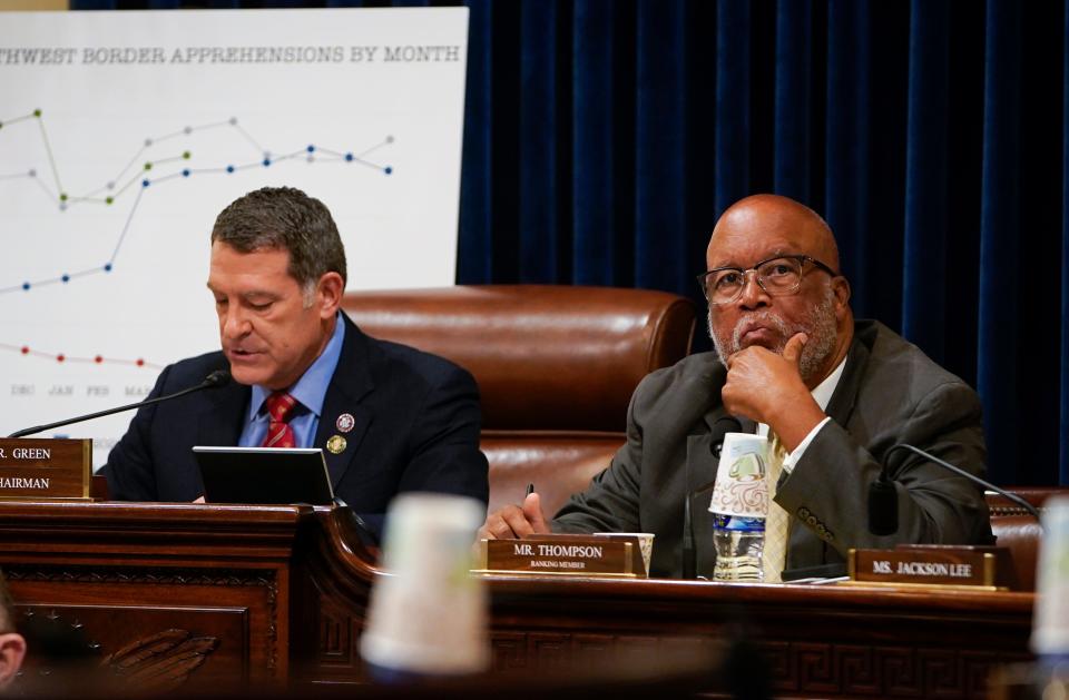 Congressman Mark Green, R-Tenn., chairman of the House Committee on Homeland Security, left, makes opening statements while Ranking Member Congressman Bennie Thompson, D-Miss., right, listens during the House Homeland Security committee hearing "Open Borders, Closed Case: Secretary Mayorkas’ Dereliction of Duty on the Border Crisis" on Wednesday, June 14, 2023.