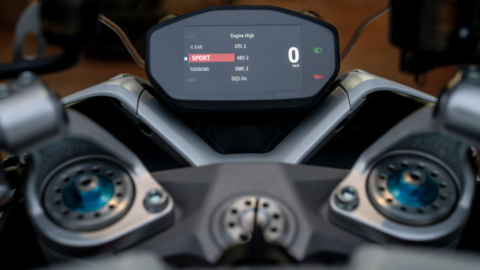 The bike’s electronics suite includes Bosch Cornering ABS, Ducati Traction Control EVO, Ducati Wheelie Control EVO and Ducati Quick Shift EVO features. - Credit: Photo by Rudy Carezzevoli, courtesy of Ducati Motor Holding S.p.A.