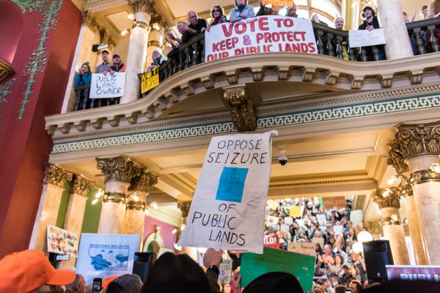 People gather at the State Capitol for a rally in support of federal public lands on Jan. 30, 2017, in Helena, Montana. Various conservation groups protested the idea of the federal government transferring public lands to the states or selling them off to private individuals or companies.