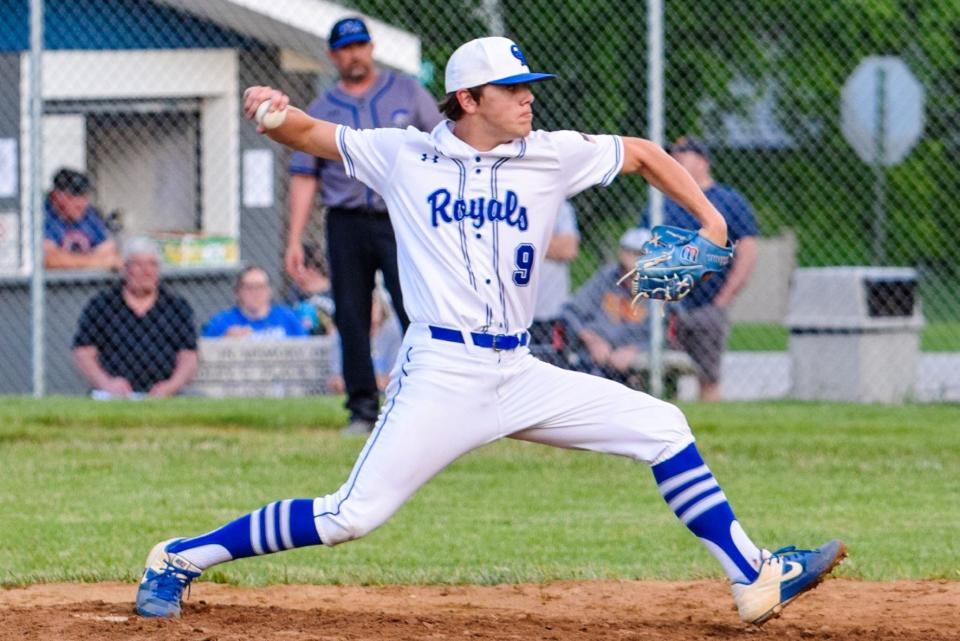 Colo-NESCO's Spencer Hansen fires a pitch during the Royals' 5-2 victory over Collins-Maxwell Friday in Zearing.