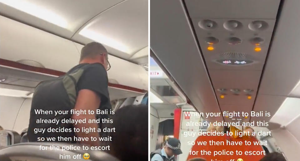 Images of a man on a crowded Jetstar flight from Melbourne to Bali, being kicked off by police for trying to smoke a cigarette onboard. Source: TikTok/ sineadmerrett