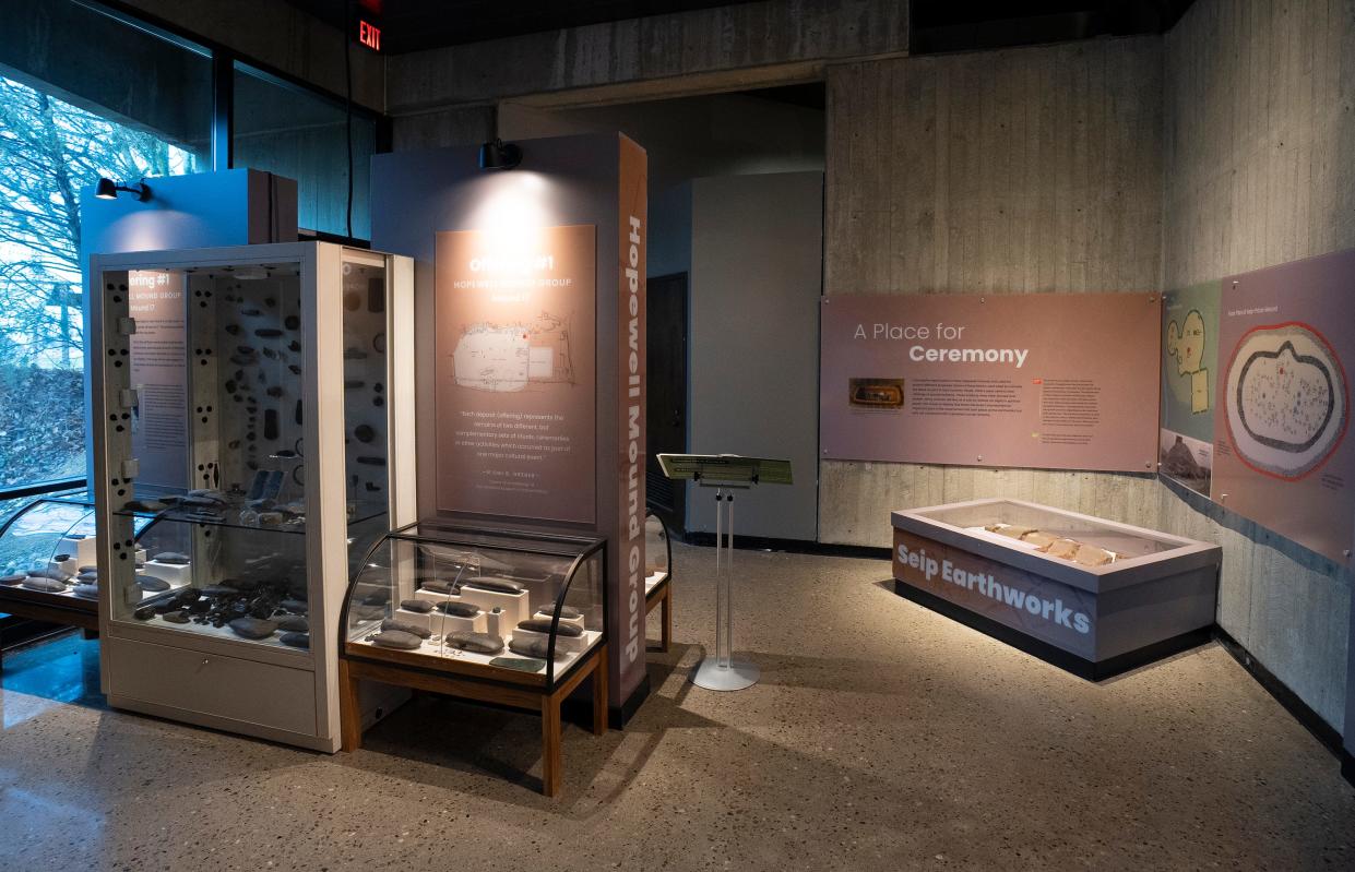 Objects excavated from mounds built by ancient Native American tribes in Ohio on display on Jan. 19, 2023, at the Ohio History Connection in Columbus.