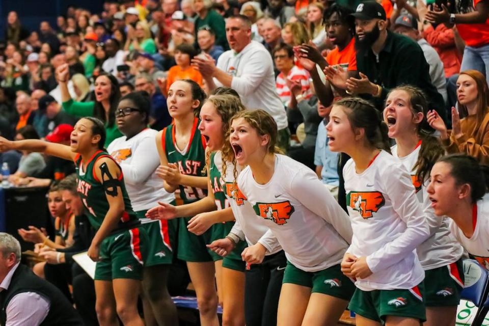 East Lincoln girl cheer on their team from the sidelines