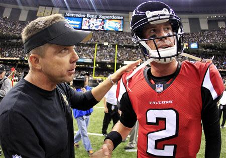 New Orleans Saints head coach Sean Payton is congratulated by Atlanta Falcons quarterback Matt Ryan after the Saints defeated the Falcons during their NFL football game in New Orleans, Louisiana September 8, 2013. REUTERS/Sean Gardner