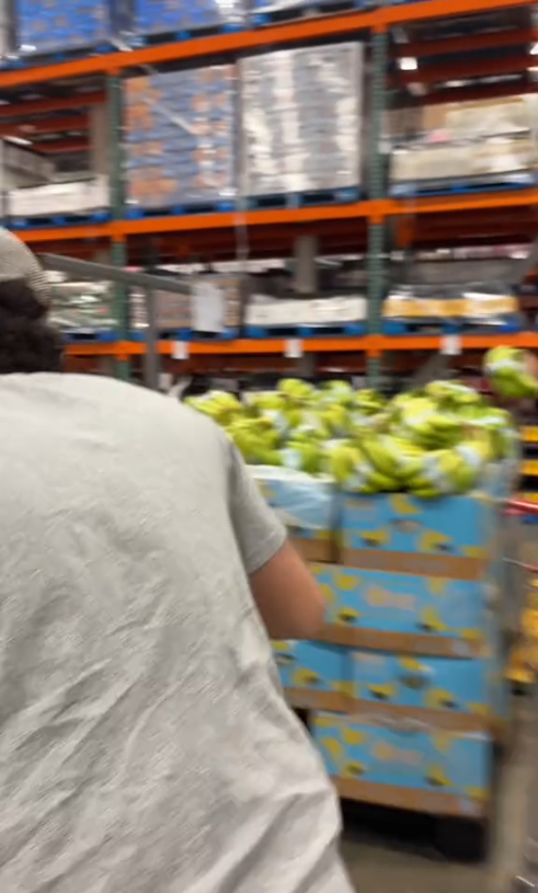 A person in a grocery store, seen from behind, looking at a display of watermelons stacked on crates