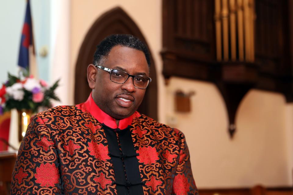 Rev. Kahli Mootoo of Emanuel AME Church in Harlem is supporting a statewide green jobs plan that will offer work in solar, wind and energy fields to folks in disadvantaged communities. Rev. Mootoo at the church Feb. 15, 2022. 