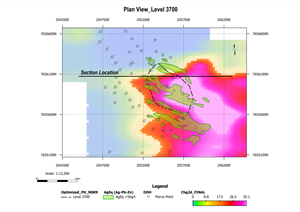 Figure 3 is a Plan Map of the same Chargeability Model at 3700m elevation shown in Figure 2 with the contoured 50 g Ag eq superimposed showing the strong correlation of high-grade areas with the chargeability anomaly.