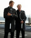 Switzerland's Roger Federer and Bjorn Borg (R) of Sweden pose after a tennis session to promote the Laver Cup tennis tournament on a temporary court on the banks of Lake Geneva in Geneva, Switzerland February 8, 2019. REUTERS/Arnd Wiegmann