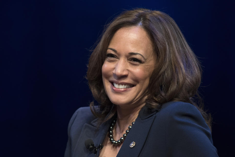 FILE - In this Jan. 9, 2019, file photo, kicking off her book tour, Sen. Kamala Harris, D-Calif., speaks at George Washington University in Washington. On Friday, April 30, 2021, The Associated Press reported on stories circulating online incorrectly asserting that a copy of Harris’ children's book, “Superheroes Are Everywhere,” is being given to every migrant child in a Long Beach, Calif., facility housing unaccompanied minors who recently arrived at the border. (AP Photo/Sait Serkan Gurbuz, File)