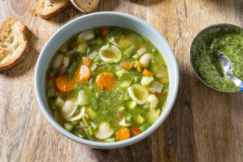 This undated photo provided by America's Test Kitchen in January 2019 shows Provencal Vegetable Soup in Brookline, Mass. This recipe appears in the cookbook "Complete Mediterranean." (Carl Tremblay/America's Test Kitchen via AP)