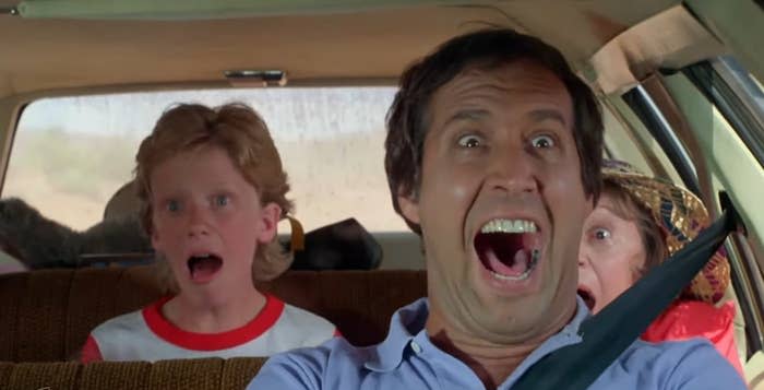 Rusty, Clark, and Aunt Edna screaming in their car in "National Lampoon's Vacation"