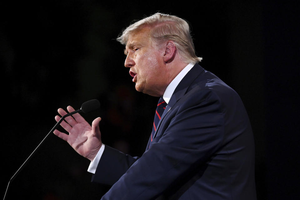 President Donald Trump speaks during the first presidential debate with Democratic presidential candidate former Vice President Joe Biden Tuesday, Sept. 29, 2020, at Case Western University and Cleveland Clinic, in Cleveland. (Olivier Douliery/Pool vi AP)