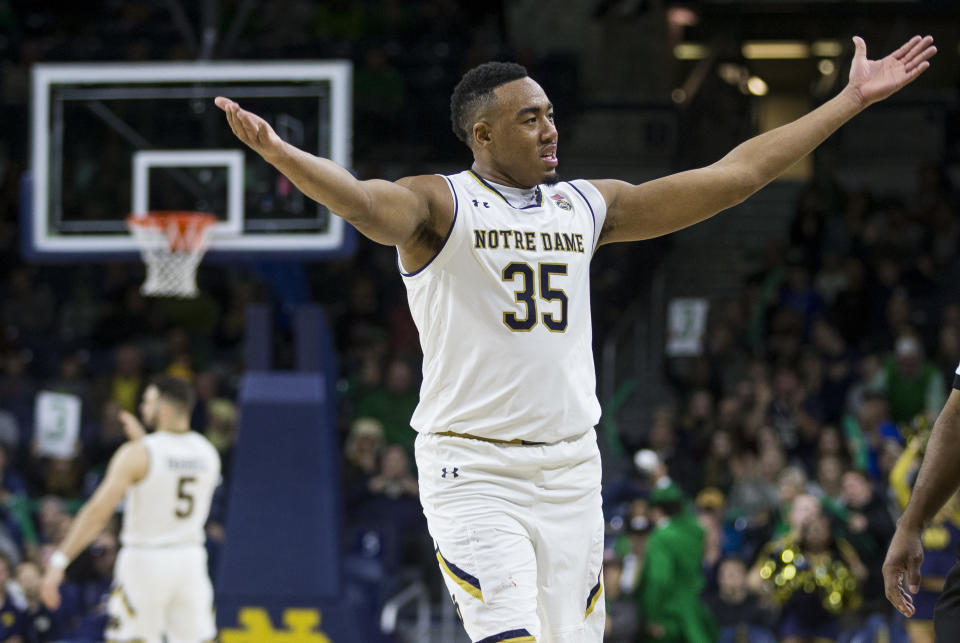 Notre Dame’s Bonzie Colson (35) celebrates after his team went on a big run during the second half of an NCAA college basketball game against Georgia Tech, Saturday, Dec. 30, 2017, in South Bend, Ind. (AP Photo/Robert Franklin)