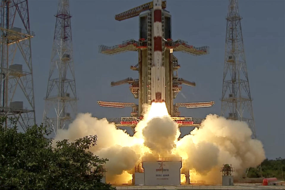 The screengrab from Indian Space Research Organisation (ISRO) Youtube channel shows the Aditya-L1 spacecraft lifts off on board a satellite launch vehicle from the space center in Sriharikota, India, Saturday, Sept. 2, 2023. (Indian Space Research Organisation via AP)