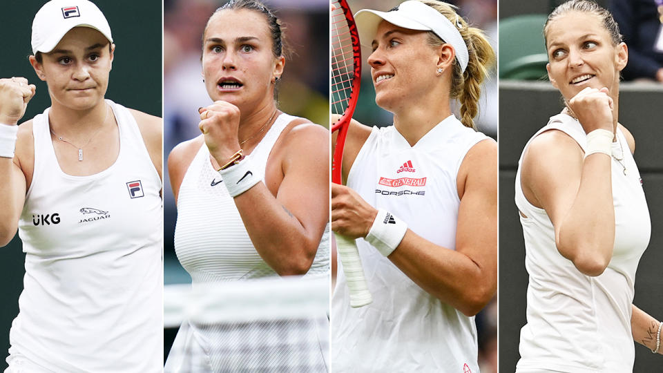 Ash Barty, Aryna Sabalenka, Angelique Kerber and Karolina Pliskova, pictured here in action at Wimbledon.