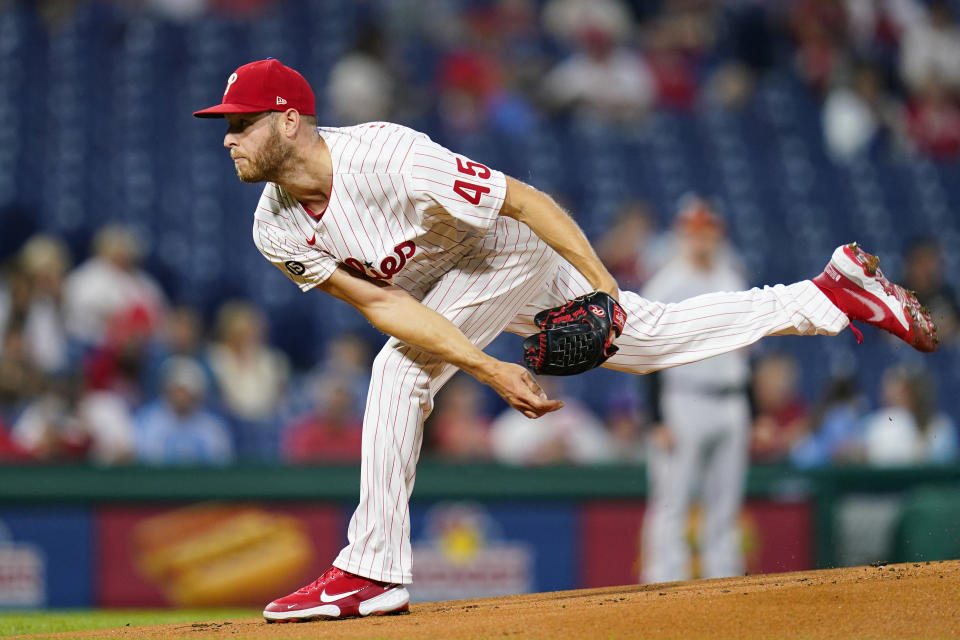 Philadelphia Phillies' Zack Wheeler pitches during the first inning of an interleague baseball game against the Baltimore Orioles, Wednesday, Sept. 22, 2021, in Philadelphia. (AP Photo/Matt Slocum)