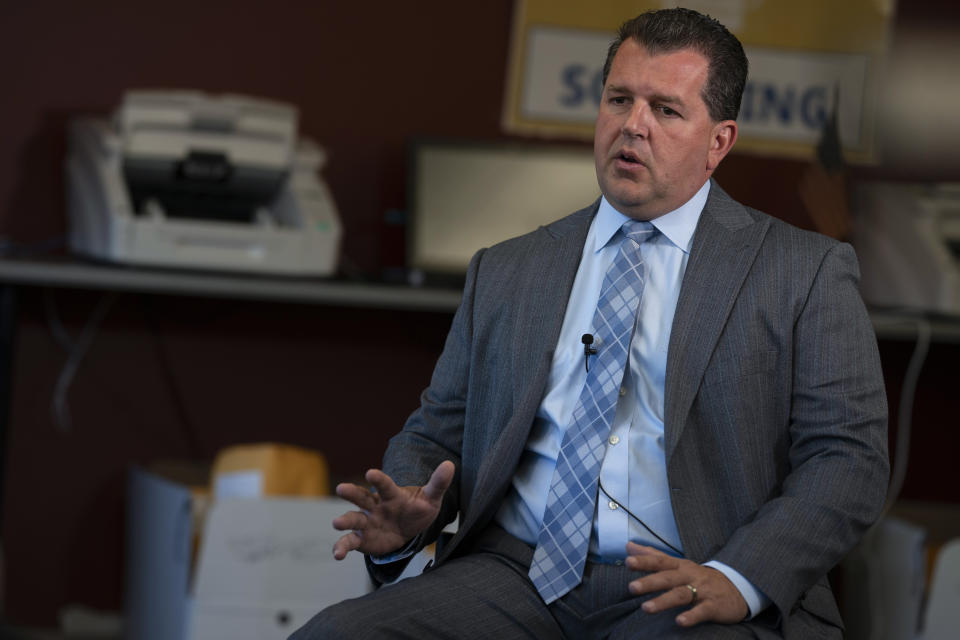 Luzerne County District Attorney Sam Sanguedolce speaks during an AP interview in Wilkes-Barre, Pa., Tuesday, Sept. 12, 2023. (AP Photo/Sait Serkan Gurbuz)