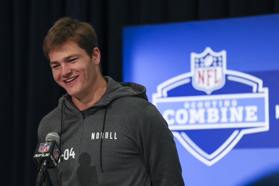 Drake Maye speaks to the media during the NFL scouting combine. (Photo by Kara Durrette/Getty Images)