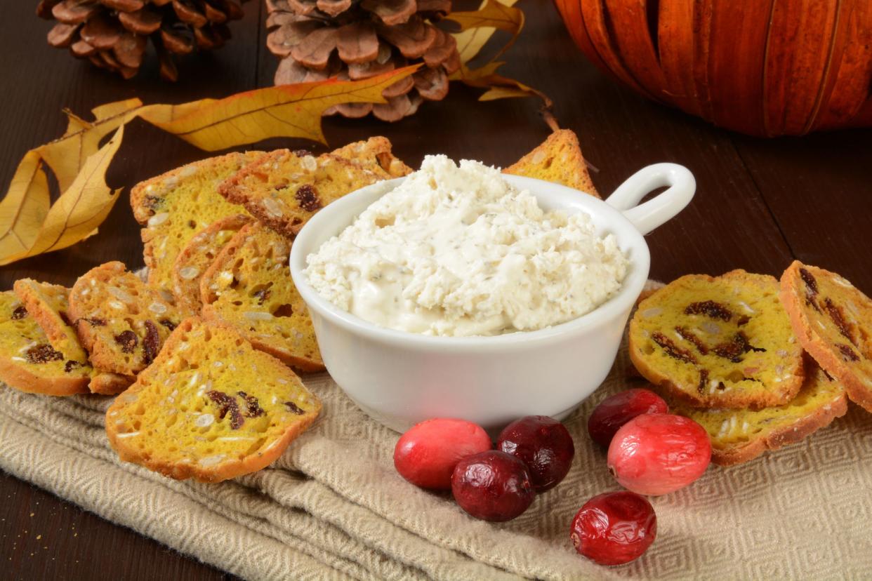 Pumpkin cranberry crisps with a cream cheese dip