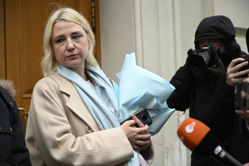 Russian politician Yekaterina Duntsova speaks to journalists after she appealed in Russia's Supreme Court a decision by Russia's Central Election Commission that refused to accept her initial nomination by a group of supporters, citing errors in the documents submitted, in Moscow, Russia, Wednesday, Dec. 27, 2023. Duntsova lost her appeal against Russia's Central Election Commission's refusal to accept her initial nomination to run for president in March's election by a group of supporters. (AP Photo/Dmitry Serebryakov)