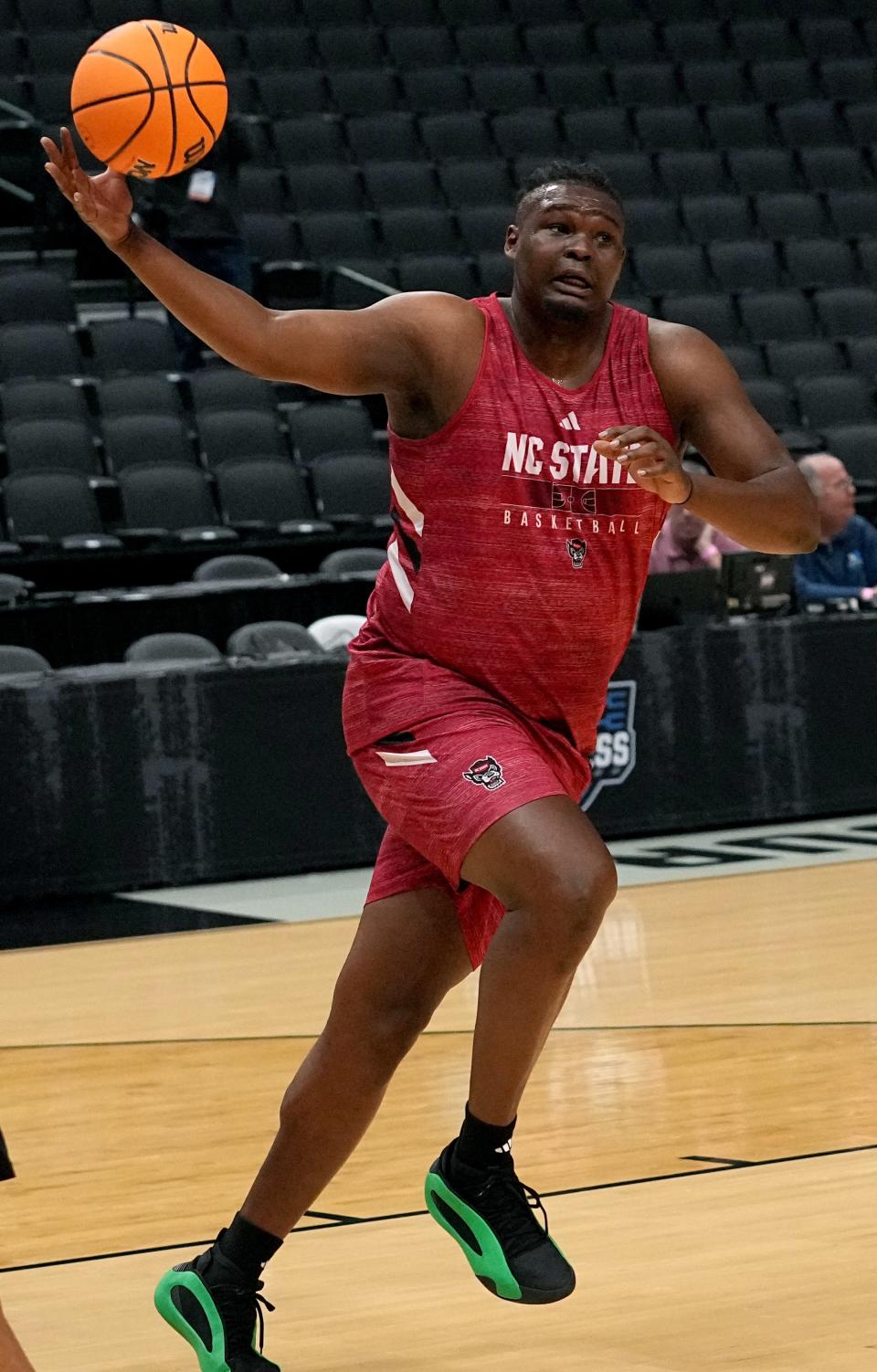 North Carolina State forward DJ Burns Jr. is shown during practice for their NCAA Tournament South Regional game Thursday at American Airlines Arena in Dallas.