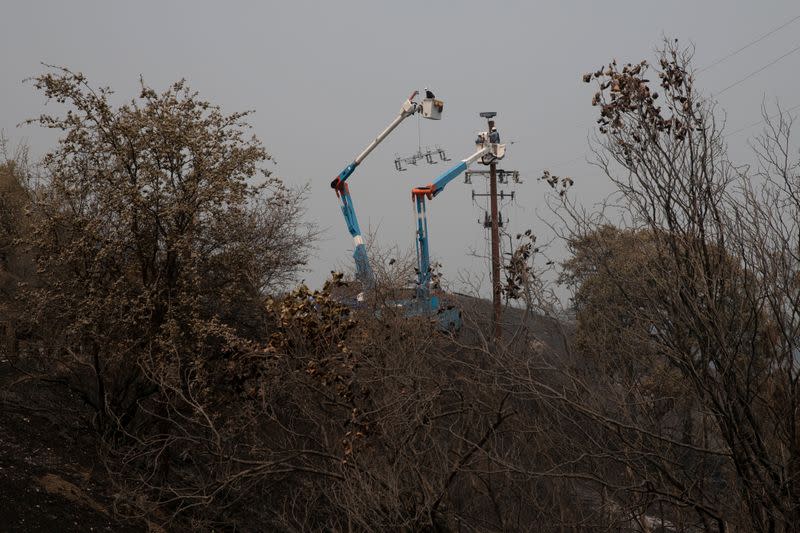 ACrews repair electrical power lines in aftermath of LNU Lightning Complex Fire along Lake Berryessa, California