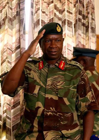 Army Commander Phillip Valerio Sibanda gestures after addressing a news conference in Harare, Zimbabwe, December 18, 2017. REUTERS/Philimon Bulawayo