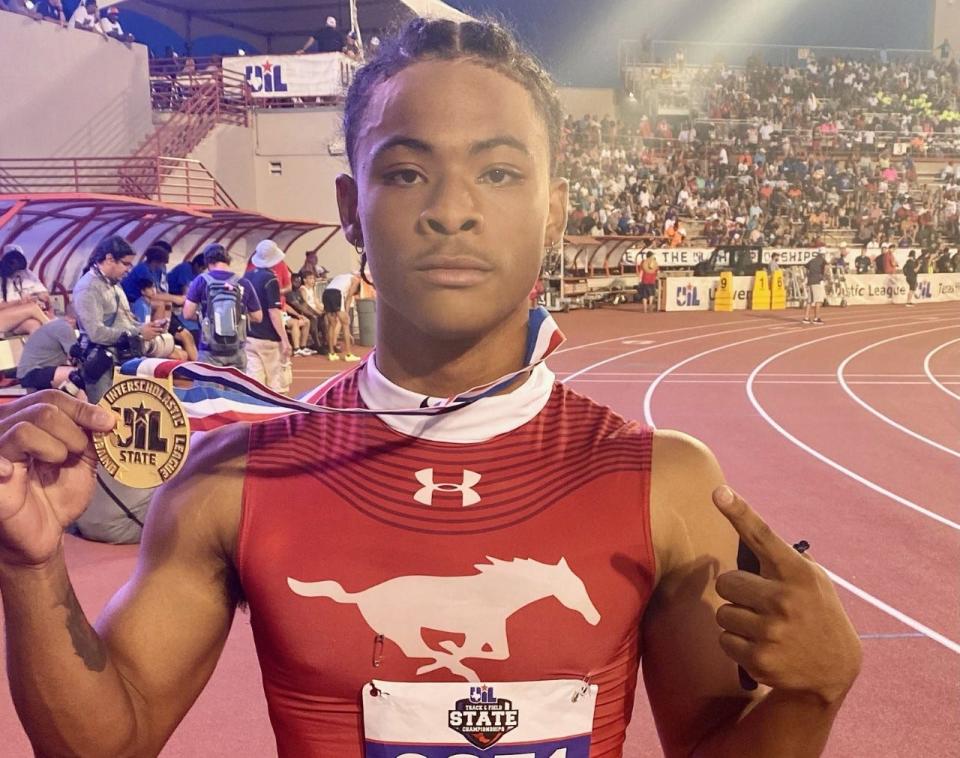 Manor senior Che Nwabuko won three gold medals at the UIL state track and field meet last week, including in the 100 and 200 meters. He will play football and run track for Pitt beginning in the fall.